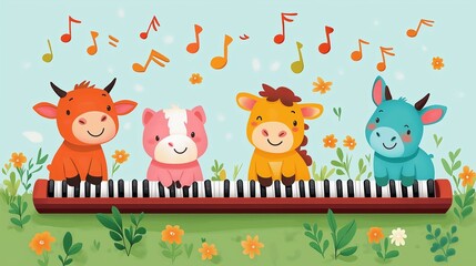Naklejka premium Four adorable animal friends play a keyboard together, making music and smiles.