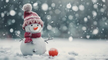 Fototapeta premium Cheerful Snowman With Red Scarf and Hat on Snowy Winter Day