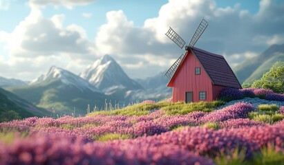 Serene Countryside Windmill Amid Blooming Lavender Fields and Majestic Mountain Backdrop
