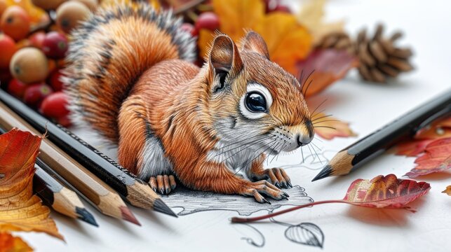 Cute squirrel coloring page, featuring a cartoon animal character from the forest, art drawing with nature and wild line.