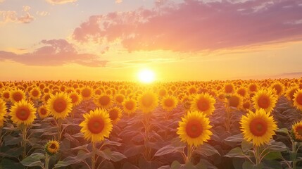 Fototapeta premium Sunflowers stretch endlessly in a vast field as the sun sets behind them. The golden hues of the flowers contrast beautifully with the colorful sky, creating a serene atmosphere