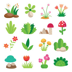 Simple Vector Icons of Grass Rocks Flowers Cacti and Mushrooms Pastel Cartoon Style Flat Design