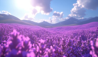 Obraz premium Sunlit Lavender Fields With Wind Turbine in Majestic Mountain Landscape