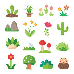 Simple Vector Icons of Grass Rocks Flowers Cacti and Mushrooms Pastel Cartoon Style Flat Design