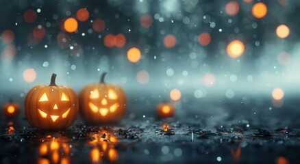 Fototapeta premium Lit Jack-O'-Lanterns in Foggy Forest
