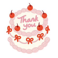 Round Vintage Cake Pink Tone Vector Illustration with Cherry, Whipped Cream, Coquette Ribbon, and Thank you Message