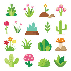 Simple Vector Icons of Grass Rocks Flowers Cacti and Mushrooms Pastel Cartoon Style Flat Design
