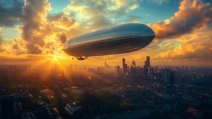 Fototapeta premium large airship floating above a city with modern buildings, under a deep blue sky with fluffy clouds