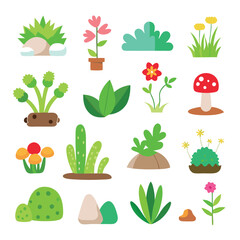 Simple Vector Icons of Grass Rocks Flowers Cacti and Mushrooms Pastel Cartoon Style Flat Design