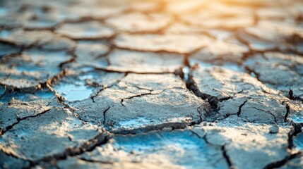 Cracked earth with small water pools, highlighting drought and environmental issues.