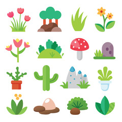 Naklejka premium Simple Vector Icons of Grass Rocks Flowers Cacti and Mushrooms Pastel Cartoon Style Flat Design