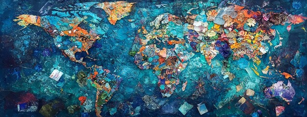 World Map Created from Ocean Plastic Waste, AI generated illustration
