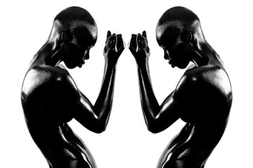 Silhouetted image of two muscular women against a white background, reflecting each other in a symmetrical pose