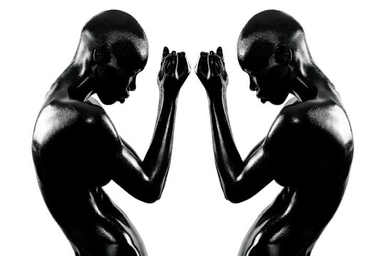Silhouetted image of two muscular women against a white background, reflecting each other in a symmetrical pose