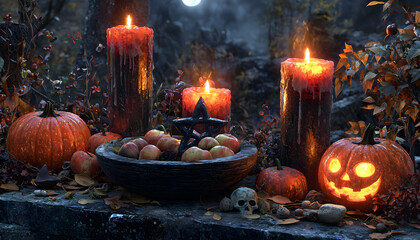 Autel mystique en forêt pour rituel païen, Samhain. Autel illuminé par des bougies et lanternes, décoré d'un crâne de cerf, dans une forêt sombre et brumeuse.