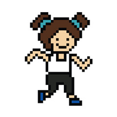 Cute pixel cartoon 8bit character woman lady run or running jog cardio lifestyle for decoration life style 8 bit female jog marathon exercise png vector.