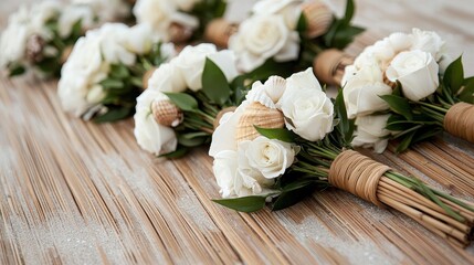 A delicate arrangement of white roses with natural accents on a rustic wooden surface.