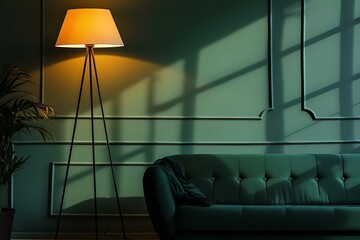 Dark living room interior with comfortable sofa with glowing stand lamp near green wall