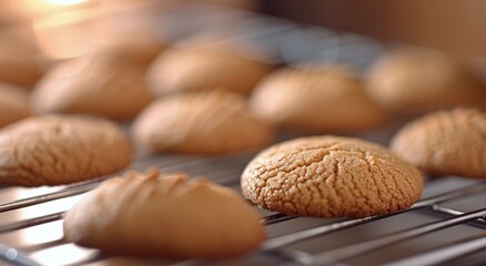 Freshly Baked Cookies Cooling on a Wire Rack in a Cozy Kitchen
