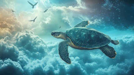 A massive turtle swims effortlessly through a striking sky, surrounded by soft clouds and flocks of birds soaring around it, creating a surreal atmosphere