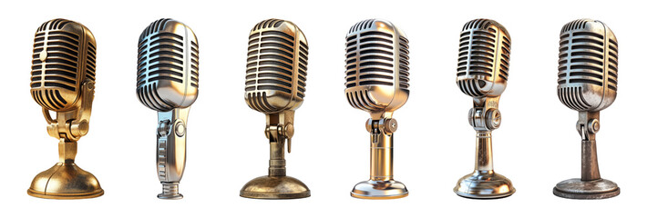 Retro vintage microphones in metallic finish isolated on transparent background