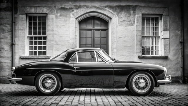 Classic open Italian sports car from the 50s and 60s for the American market featured in a vintage black and white setting at the Klassikstadt in Frankfurt am Main Fechenheim Hesse