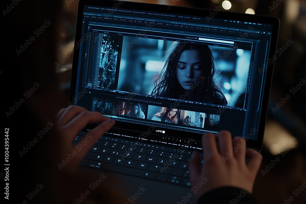 Poster close up of two hands are typing on a gray laptop. there's a video editing interface on the screen