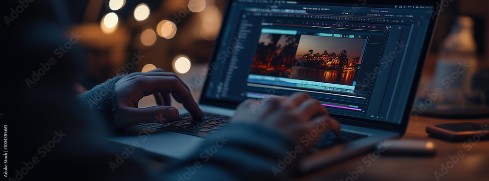 Poster close up of two hands are typing on a gray laptop. there's a video editing interface on the screen