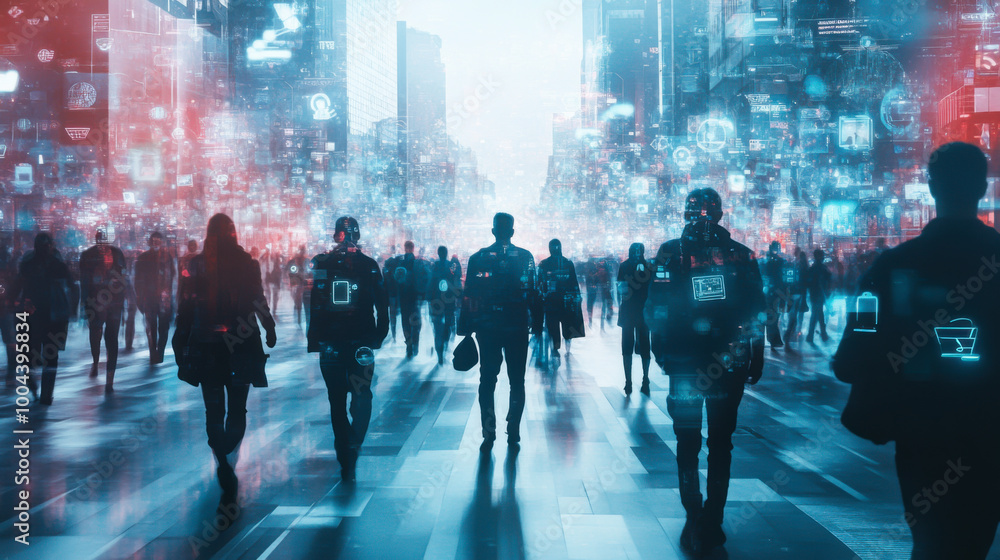 Poster vibrant digital cityscape with silhouettes of people exploring a vast display of illuminated data at