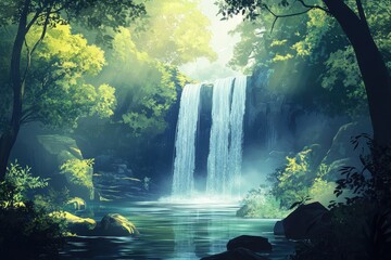 A Serene Waterfall Cascading Through a Lush Green Forest