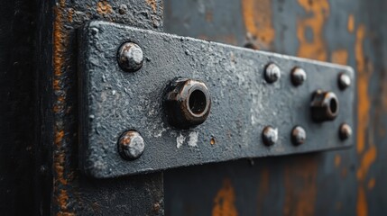 Close up view of a weathered metal hinge on a door