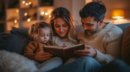 Cozy family evening at home, parents reading stories to kids on the couch