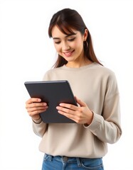 Fototapeta premium woman smiling with tablet computer