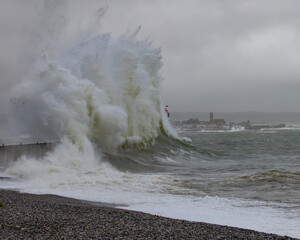 Newlyn harbour crashing waves