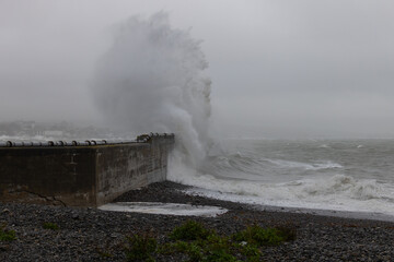 Newlyn harbour crashing waves