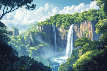 Naklejka premium Majestic Waterfall Cascading Down Cliffside in Lush Green Forest