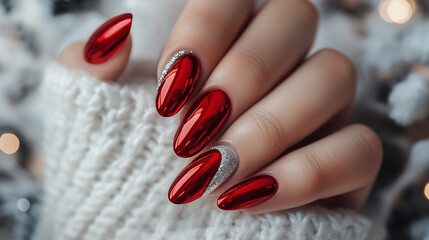 nail polish manicure in red Christmas decorated with snow details