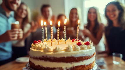 A joyful birthday celebration with friends and a decorated cake featuring candles and raspberries