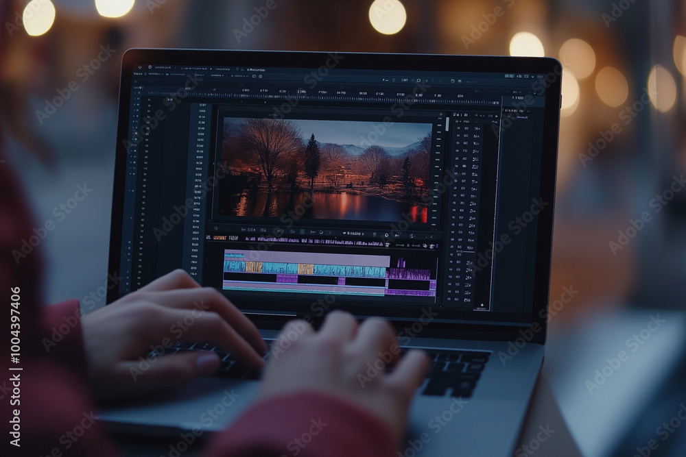 Poster close up of two hands are typing on a gray laptop. there's a video editing interface on the screen