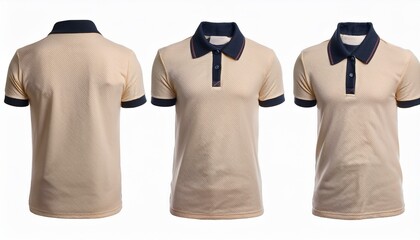 Cream collar polo tee shirt set with front, back, and side views cutout in a white background. A mockup template for graphic design artwork.