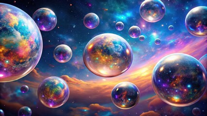 Naklejka premium Surreal floating holographic spheres art in outer space with mind-blowing concept