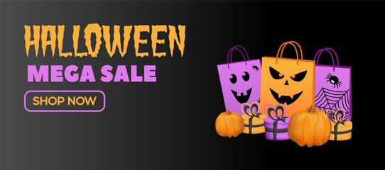 Happy Halloween sale banner, flyer on black background with halloween bag, spiders, web, gifts, pumpkin.