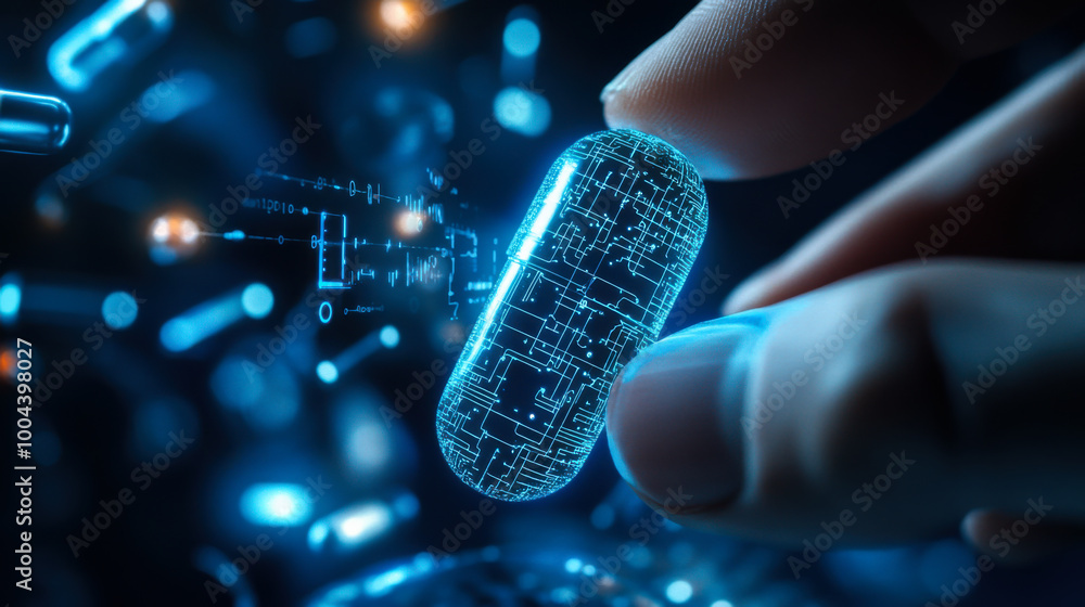 Poster a hand holding a futuristic digital pill glowing with circuit patterns against a tech-inspired backg
