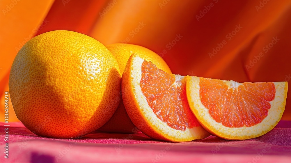 Poster three oranges with slices on a colorful background, showcasing freshness and vibrancy.