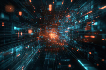 Obraz premium Vibrant digital matrix pulses with energy in a futuristic space, illuminating the night with bright blue and orange lights. Generative AI