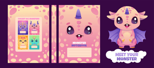 Cute Monster cover design for kids. Notebooks, planners, brochures, children books. Vector cartoon printable illustration
