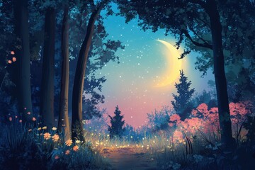 Obraz premium Moonlit Forest Path with Blooming Flowers and a Crescent Moon