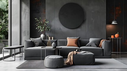 Interior design of living room interior with coffee table, comfortable grey sofa, pouf and bench