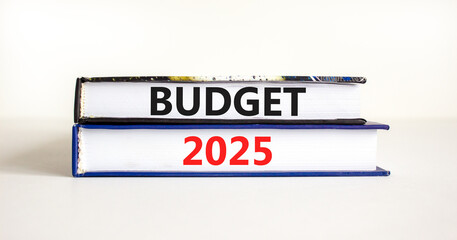 Planning budget 2025 new year symbol. Concept words Budget 2025 on beautiful books. Beautiful white background. Business budget 2025 new year concept. Copy space.