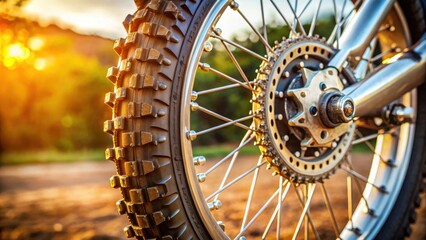 Detailed motocross wheel close up image with focus on tire tread and spokes